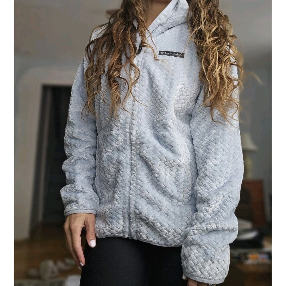 Columbia Women Textured Knit Sherpa Jacket Light Blue Zip S Soft Fleece Sweater